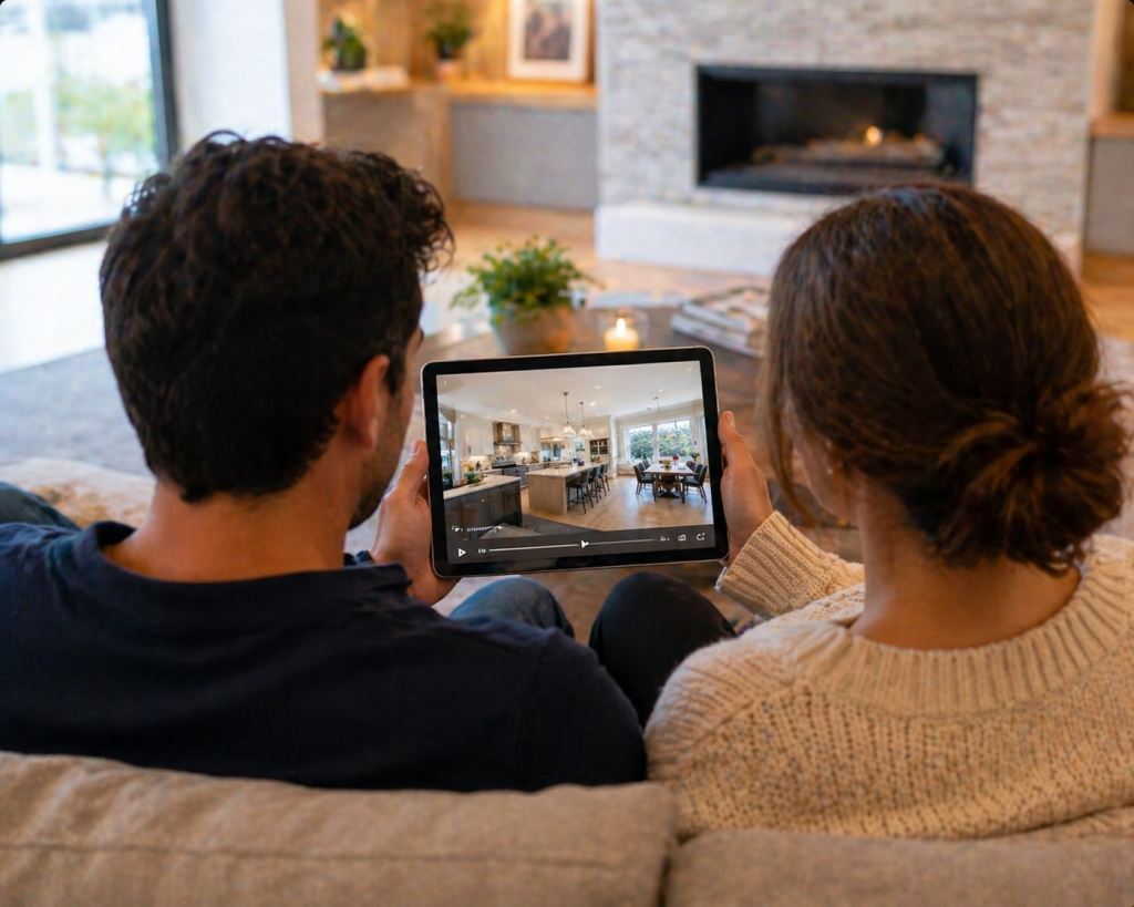 Potential buyers viewing a real‑estate video tour on a mobile device