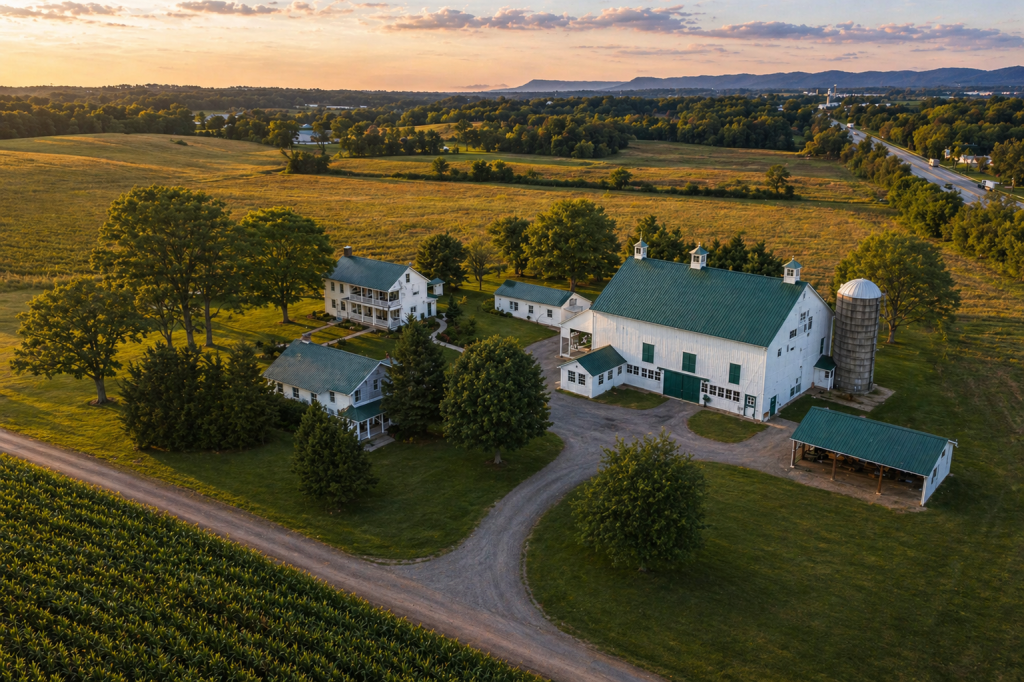An aerial image of a rural Pennsylvania property with fields and a farmhouse, illustrating the value of drone photography.