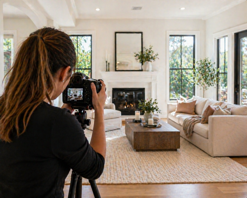 Real‑estate photographer capturing a home interior for social‑media marketing.