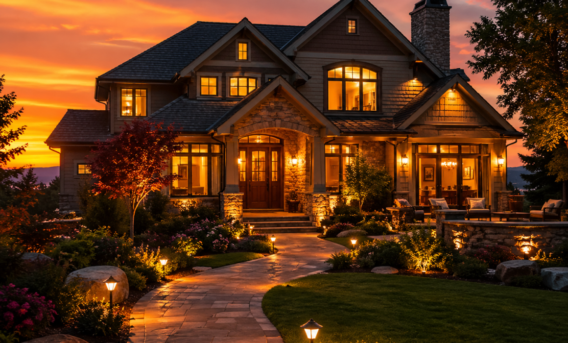 Westmoreland County home at sunset with glowing exterior lights