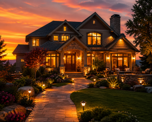Westmoreland County home at sunset with glowing exterior lights